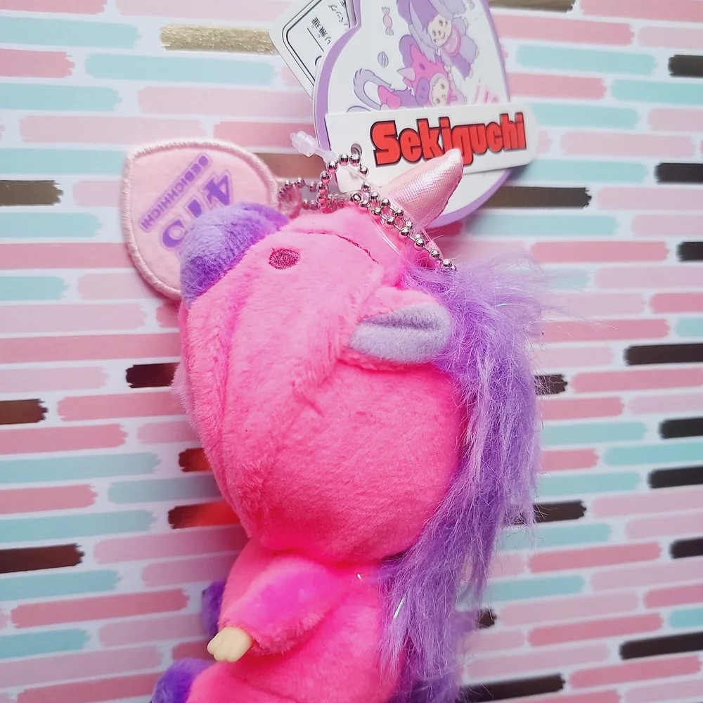 Sekiguchi 475 Monchhichi Pink and Purple unicorn Plush Toy keychain NWT